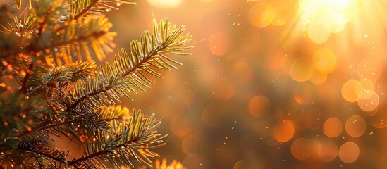 Leinwandbilder - Yellow and orange needle leaves on a pine branch with backlighting. with copy space image. Place for adding text or design