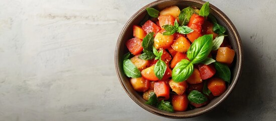 Fototapete - Korean catot snack salad in a bowl garnished with basil leaves. with copy space image. Place for adding text or design