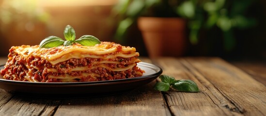 Wall Mural - Close up of lasagne pasta on a wooden table for an Italian food image. with copy space image. Place for adding text or design