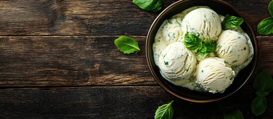 Aufkleber - Vegan herb and vegetable ice cream on a dark wooden table with copyspace