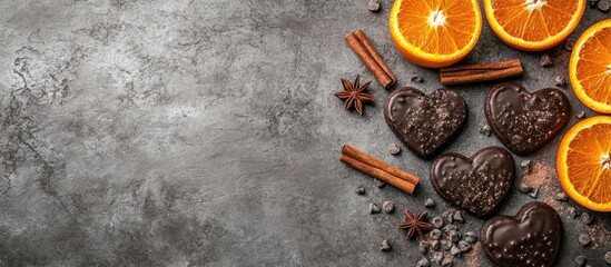 Aufkleber - Chocolate heart cookies oranges cinnamon and spicy spices on a gray table top view copyspace
