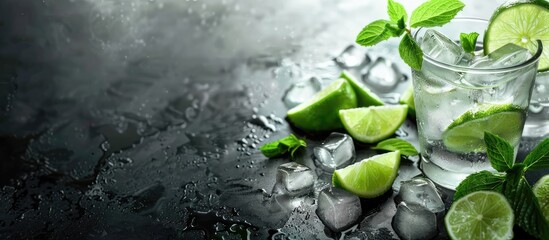 Aufkleber - Refreshing soda drink with ice cubes lime slices and mint on a black table Banner layout with space for text. with copy space image. Place for adding text or design