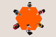 © Lustre Art Group  - Conceptual graphic design. Orange hexagonal table with six people eating, working, or using devices, illustrating shared online spaces and multi-purpose communication. Concept of media, business. Ad
