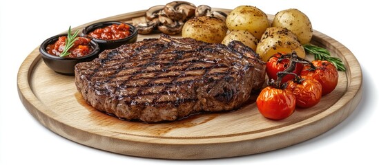 Fototapete - Fresh grilled BBQ beef ribeye steak on a wooden plate accompanied by baked tomatoes mushrooms potatoes and hot chili peppers isolated on a white background. with copy space image