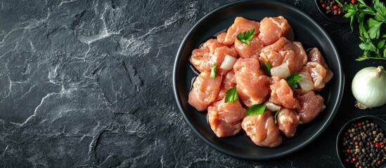Leinwandbilder - Raw chicken meat marinated in teriyaki soy sauce onions and pepper served on a black plate against a dark slate stone or concrete backdrop Top view with copy space