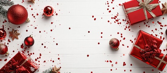 Leinwandbilder - Christmas backdrop featuring confetti Christmas ornaments and red gift boxes on a white wooden surface. with copy space image. Place for adding text or design