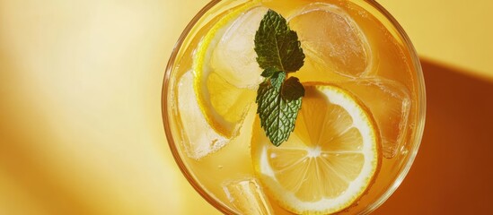 Leinwandbilder - Chilled refreshing summer lemonade with ice and lemon slices garnished with mint leaves in a tall glass against a peach colored background with copy space Top view