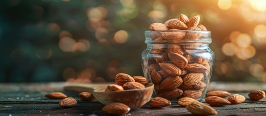 Leinwandbilder - Almonds in a wooden spoon on a table background Almonds in a glass jar Selective focus. with copy space image. Place for adding text or design
