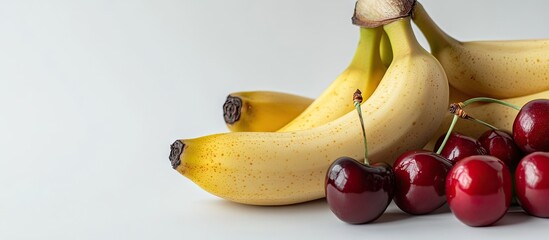 Poster - Close up of bananas and cherries placed together on a white background Isolated tropical fruits with copy space Natural healthy food Fruits for desserts