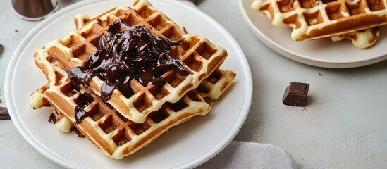 Aufkleber - Belgian waffles on a white plate Waffles topped with chocolate A large plate is filled with waffles while a few chocolate topped waffles are on a separate plate Breakfast idea. with copy space image