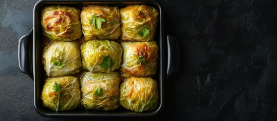 Poster - Stuffed cabbage rolls arranged in a baking tray on a black background Selective focus Toned Traditional Ukrainian dish Eastern European cuisine Top view with copy space