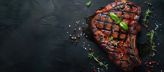 Fototapete - Grilled porterhouse beef steak T bone seasoned with herbs and spices Top view flat lay. with copy space image. Place for adding text or design
