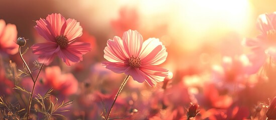 Fototapete - Low angle close up macro photograph of Red Cosmos flowers in the morning sunlight The warm winter sun behind the Cosmos flower illuminated its corolla making it translucent and revealing its surfac