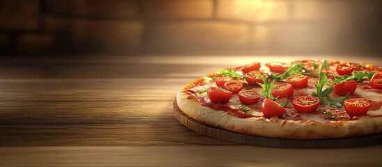 Poster - Pizza topped with tomatoes and arugula. with copy space image. Place for adding text or design