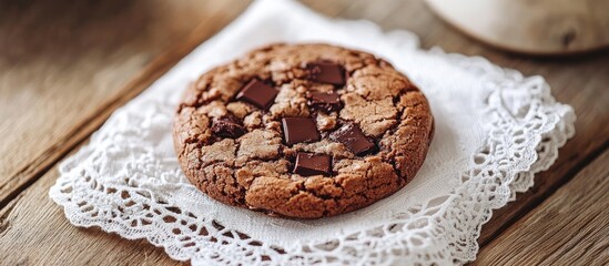 Aufkleber - chocolate cookie placed on a white lace napkin on a wooden table. with copy space image. Place for adding text or design
