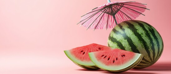 Poster - Whole and sliced ripe watermelon with a cocktail umbrella on a pink background Copy space Stylish summer idea