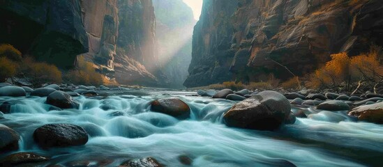 Poster - Experience the serenity of a river flowing through a grand mountain canyon Be enchanted by the stunning beauty of the rocky terrain enveloping the water Embrace the calmness. with copy space image