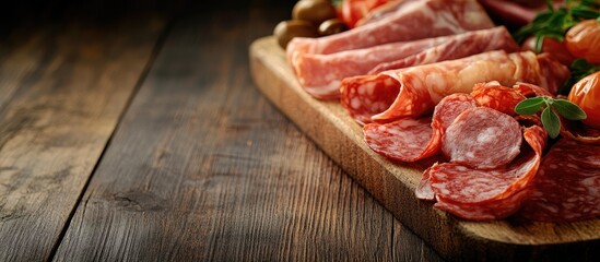 Fototapete - Board featuring a variety of delicious deli meats on a wooden surface. with copy space image. Place for adding text or design