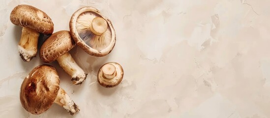 Poster - Polish mushroom on a light background Copyspace Top view Organic forest food fresh picked edible Porcini mushroom Autumn harvest theme Mushroom foraging