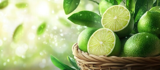 Poster - Lime citrus fruits in a bamboo basket background Fresh juicy limes Nutritious food. with copy space image. Place for adding text or design