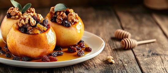 Poster - Baked apple filled with raisins and walnuts with honey drizzled on a plate set against a wooden background Copyspace
