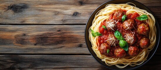 Fototapete - Spaghetti pasta with meatballs and tomato sauce served on a wooden surface top view. with copy space image. Place for adding text or design
