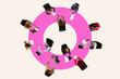 © Lustre Art Group  - Conceptual graphic design. Group of people sitting around pink circular table, using devices, representing collaboration, connection. Concept of social media, communication, business. Ad