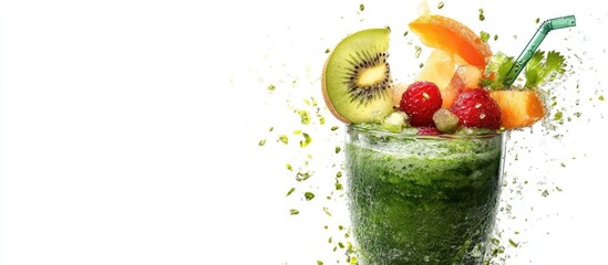 Leinwandbilder - Green smoothie with fruits and vegetables set against a white background. with copy space image. Place for adding text or design