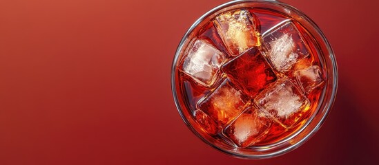 Poster - Americano cocktail consisting of red vermouth bitters soda water and ice cubes presented from a top view. with copy space image. Place for adding text or design