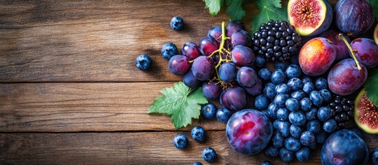 Fototapete - Blue and purple foods Blackberries grapes plums blueberries and figs on a wooden surface Delicious and ripe fruits and berries Autumn display of fruits Copyspace top view close up