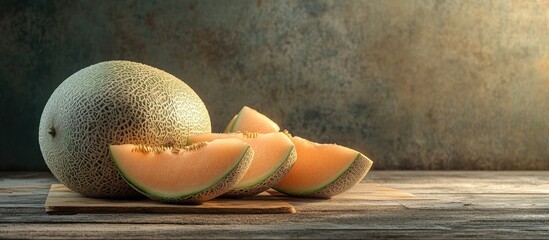 Fototapete - Whole and sliced fresh ripe melons on a wooden table Room for text. with copy space image. Place for adding text or design