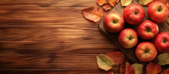 Aufkleber - Autumn apples with leaves on a wooden board top view. with copy space image. Place for adding text or design
