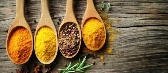 Poster - Spices in a wooden spoon Herbs including curry saffron turmeric rosemary cinnamon garlic pepper and anise on a rustic wooden background A collection of spices and herbs features salt and paprika Co