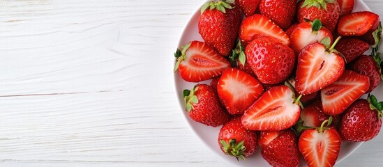Poster - Sliced strawberries on a white wooden surface Berry background featuring space for text Selective focus. with copy space image. Place for adding text or design