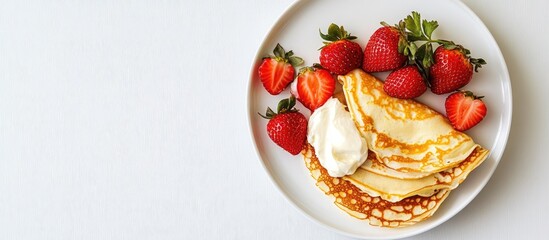 Leinwandbilder - Crepes accompanied by cream cheese and fresh strawberries on a white plate against a white background Copy space
