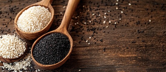 Poster - Black sesame and white sesame seeds on a wooden table. with copy space image. Place for adding text or design
