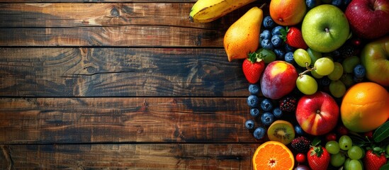Fototapete - Variety of mixed fruits on a wooden surface with copy space Healthy food concept
