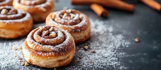 Aufkleber - Selective focus on freshly baked cinnamon rolls. with copy space image. Place for adding text or design