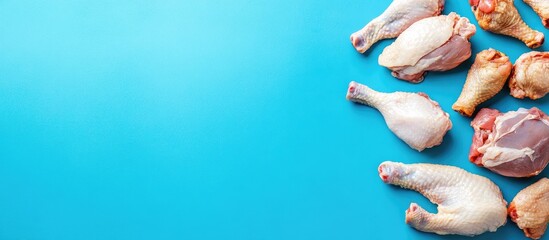 Poster - Chicken meat selection Raw pieces drumstick breast fillet wings thigh Blue background Top view Copyspace