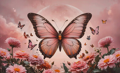 Poster - Pink butterfly is flying over a field of flowers. There are many other butterflies in the background