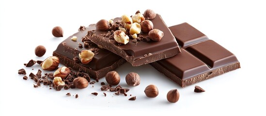 Poster - Milk and dark chocolate bars with hazelnuts isolated on white. with copy space image. Place for adding text or design