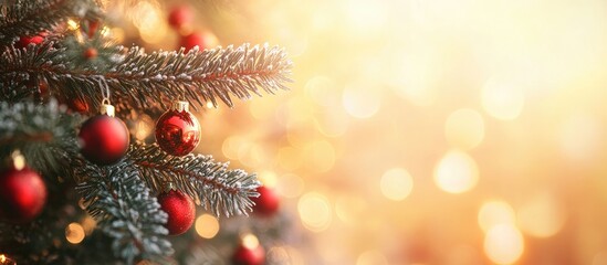 Poster - Christmas red pine tree with a bokeh light background New Year sign copyspace in sunlight