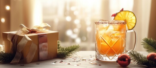 Leinwandbilder - Banner featuring a decorative arrangement of a festive exotic cocktail on a white background alongside a box with confetti and a satin ribbon A natural drink is displayed in a glass mug