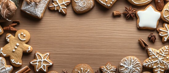 Aufkleber - Variety of homemade Christmas cookies arranged on a wooden surface close up view with copy space for text New Year frame featuring delicious gingerbread cookies with spices Winter holiday theme