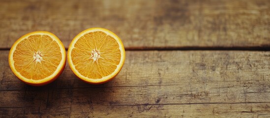 Poster - Close up of two orange halves on a rustic table positioned vertically with copy space