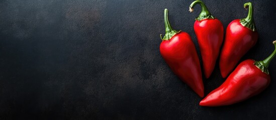Fototapete - Red habanero peppers against a dark background Close up from above. with copy space image. Place for adding text or design