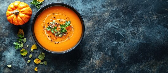 Leinwandbilder - Pumpkin soup and organic pumpkins viewed from above A seasonal autumn dish Spicy pumpkin soup with herbs and seeds. with copy space image. Place for adding text or design