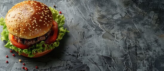 Leinwandbilder - burger on a gray background. with copy space image. Place for adding text or design