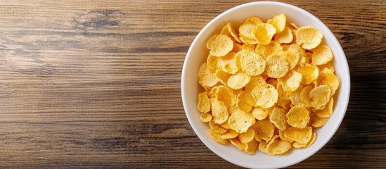 Fototapete - Corn flakes topped with honey in a white bowl on a wooden surface Top view Copy space