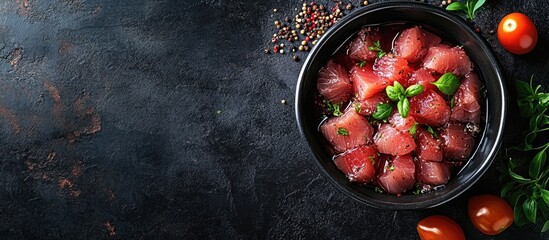 Fototapete - tuna canned food fish seafood fresh healthy eating cooking appetizer meal food snack on the table copyspace food background rustic top view